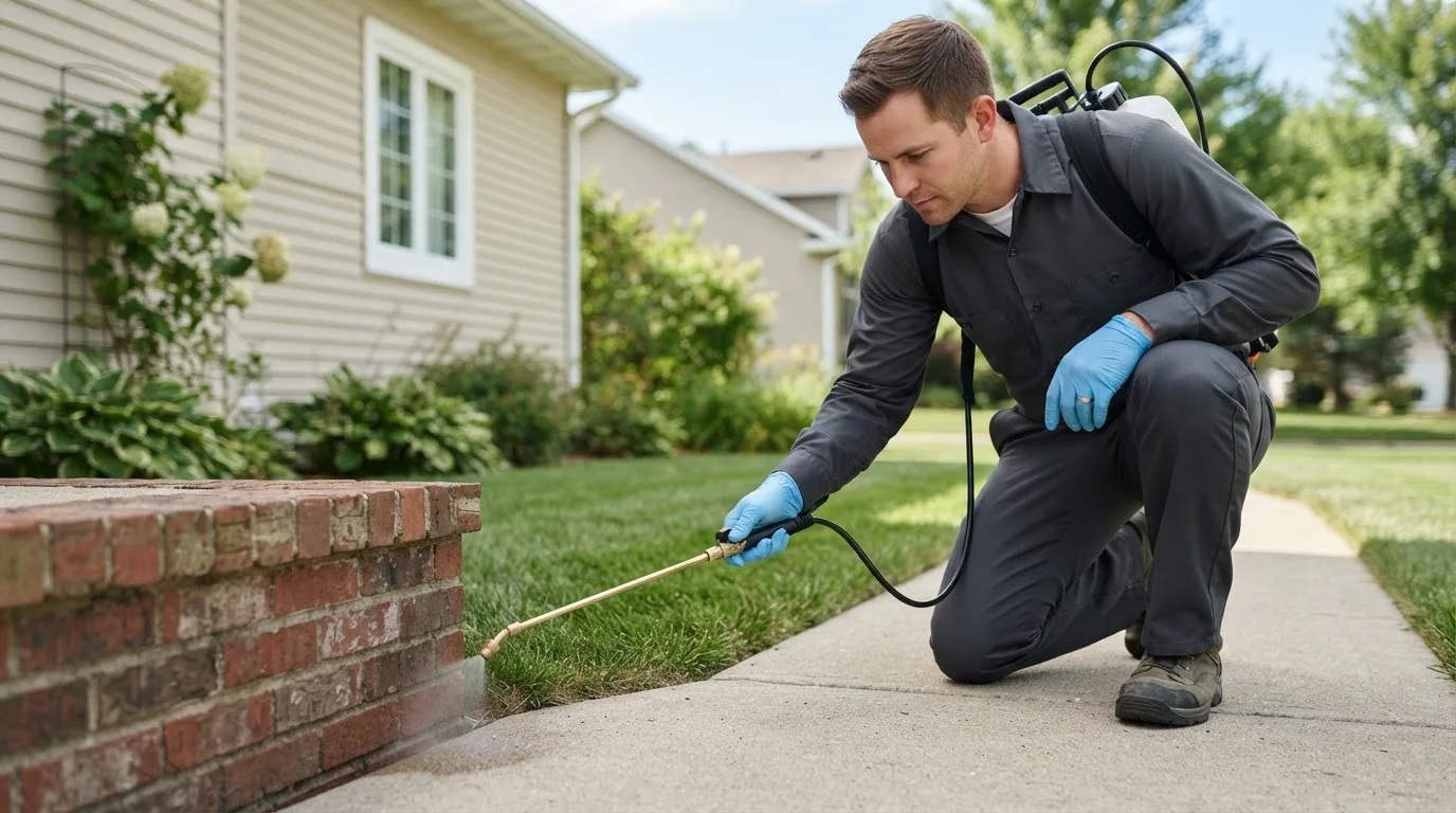 Pest control technician treating a home near Harpursville, NY
