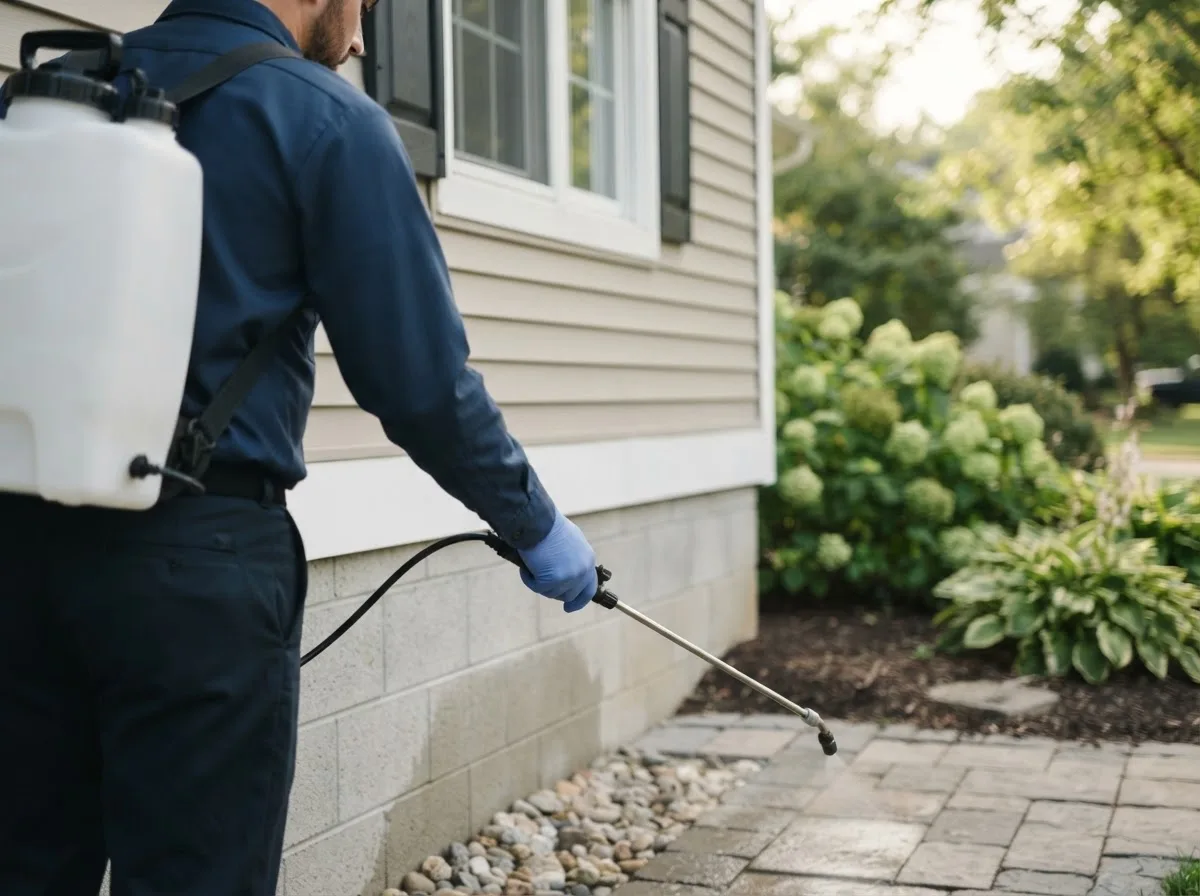 Pest control technician inspecting a home in Harpursville, NY